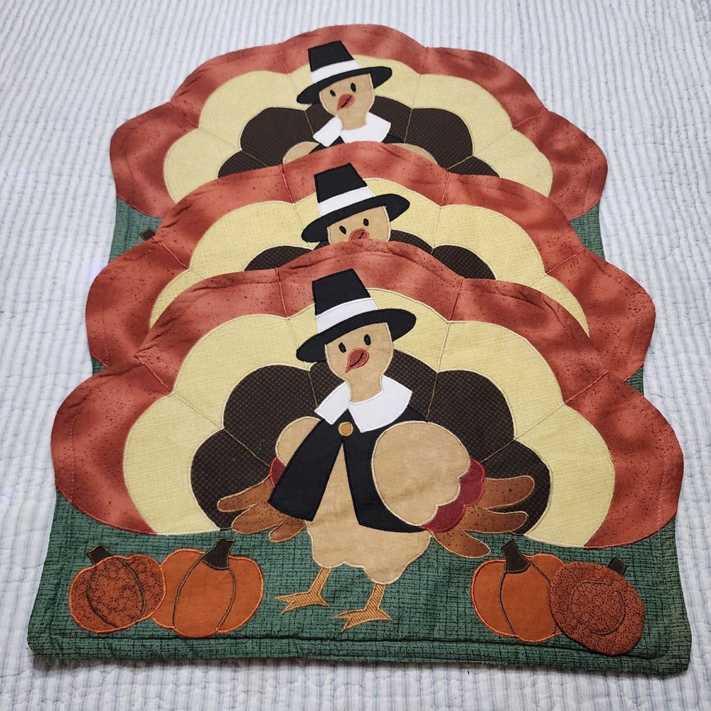 Set of 3 Quilted Thanksgiving Turkey Pilgrim Placemats Applique Holiday Decor
